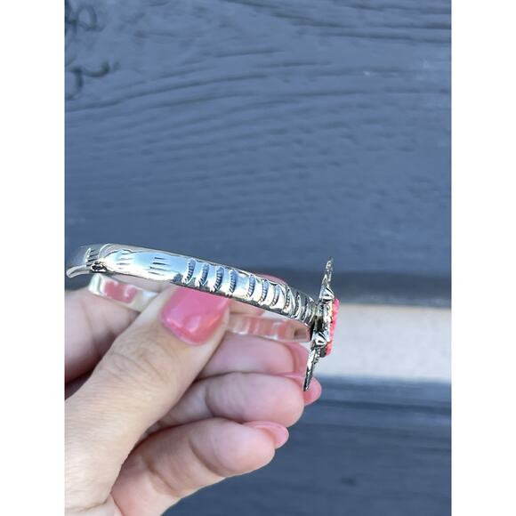 Sterling Silver Cuff Bracelet Pink Lab Opal Southwestern Star Native Style 7 3/8 - Picture 8 of 12